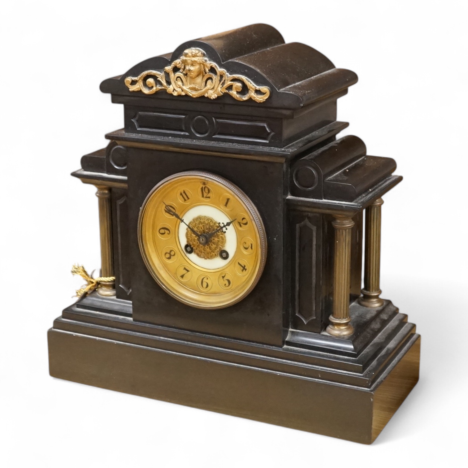 A black slate and gilt metal mounted mantel clock, 36cm high.